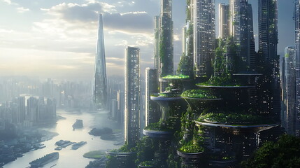 Fototapeta premium Exploring a futuristic urban landscape merging nature and technology in a vibrant city along a sparkling river
