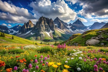 Fototapeta premium Rocky Mountain Plateau landscape with wild blooms and majestic peaks