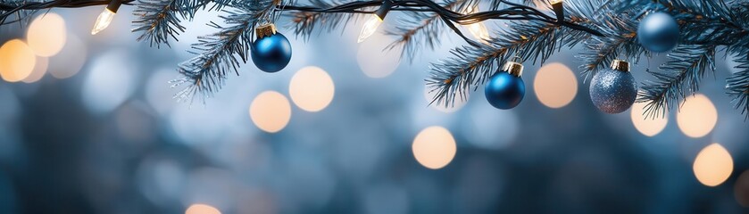 Christmas decorations with blue ornaments and warm lights on a pine branch, creating a festive atmosphere.