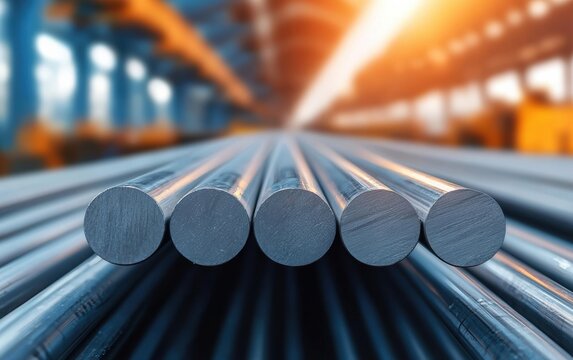 Close-up of polished steel rods stacked in a manufacturing facility, showcasing industrial strength and precision in production.
