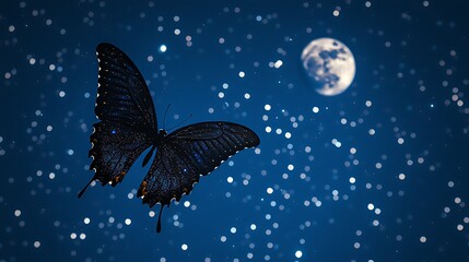 Naklejka premium A captivating lunar butterfly dances gracefully under a star-studded night sky illuminated by the glowing moon