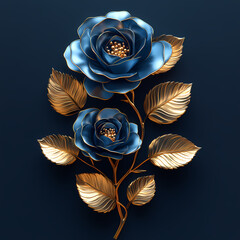 3D Vector gold on blue roses line art, elegant style flowers background.