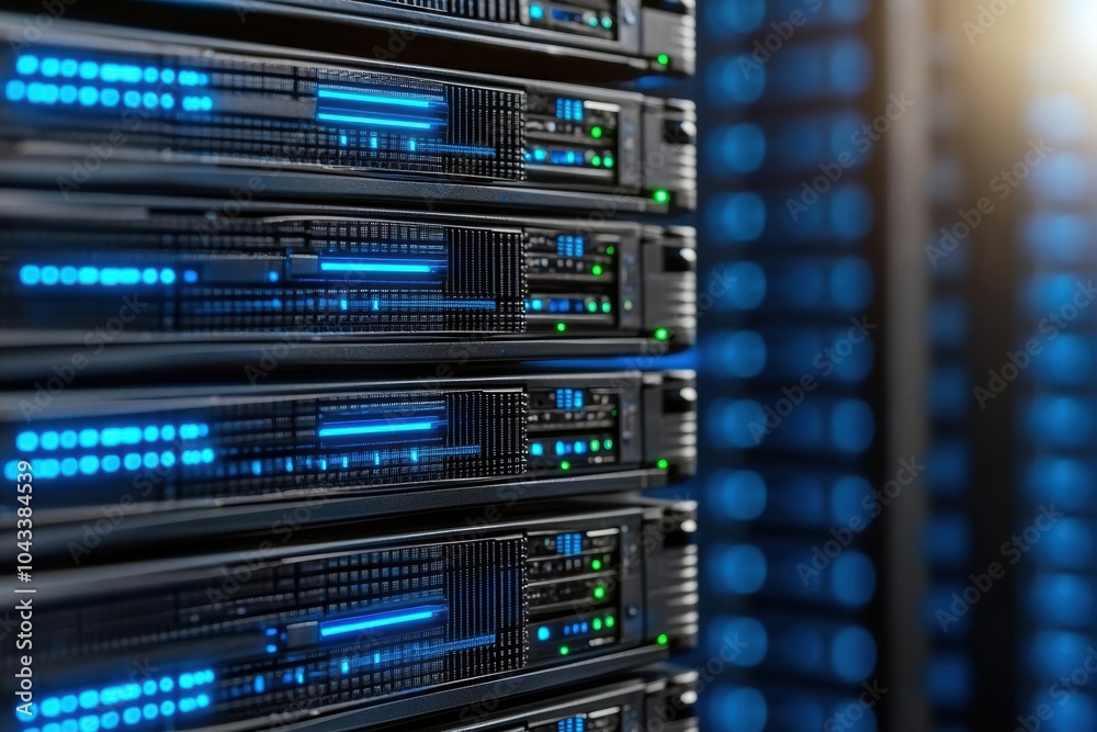 Poster close-up of modern server racks with blue led lights in a data center, showcasing advanced technolog