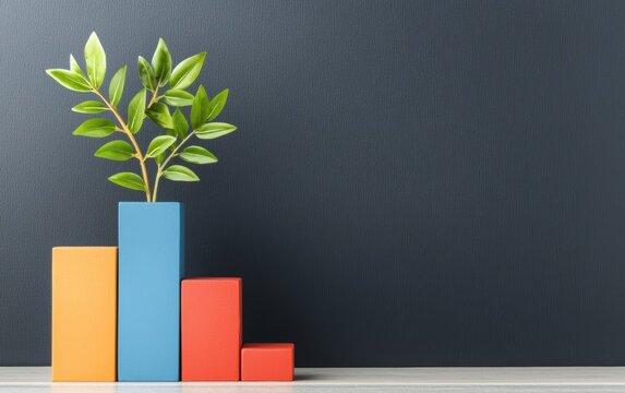 A vibrant plant growing from colorful blocks, symbolizing growth, development, and sustainability in a modern setting.