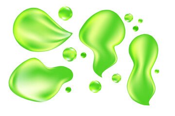 Liquid green aloe vera gel swatch isolated, transparent background. Fluid moisturizer, lime green, glowing wet texture organic spilled droplets. Cosmetic essence, beauty treatment element.