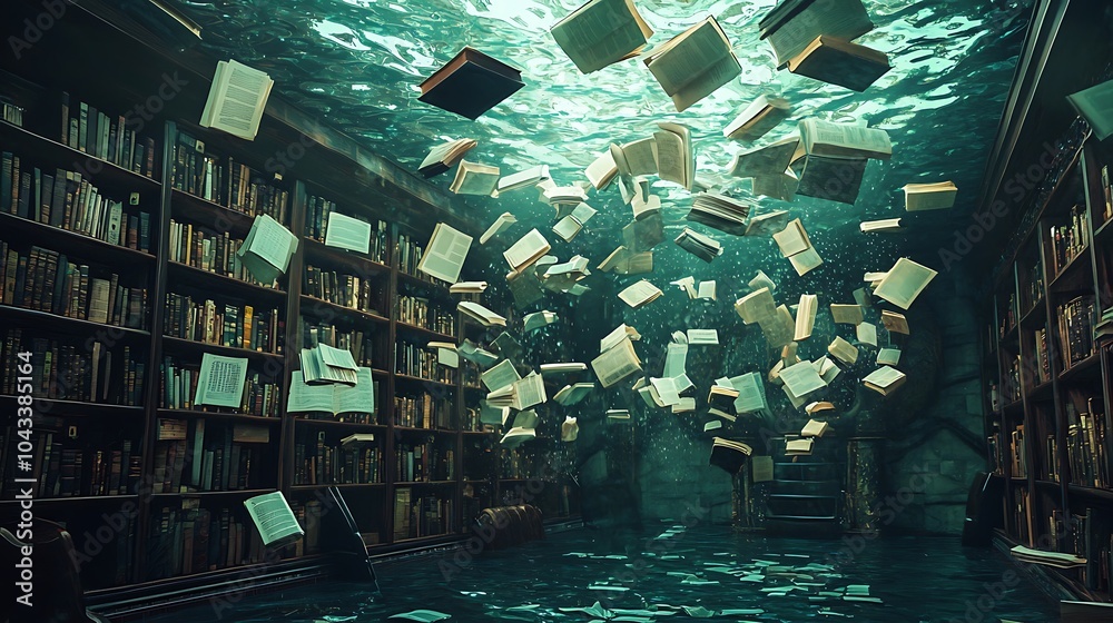 Poster A mystical underwater library where books drift and float in enigmatic serenity amongst timeless shelves