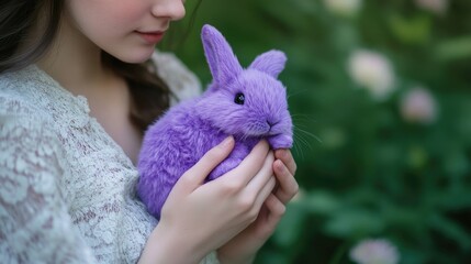 A woman cradles a purple rabbit in her hands, showcasing her affection for the furry friend