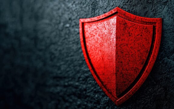 A vibrant red shield on a textured dark background, symbolizing protection, security, and strength in modern design. Perfect for branding or marketing.