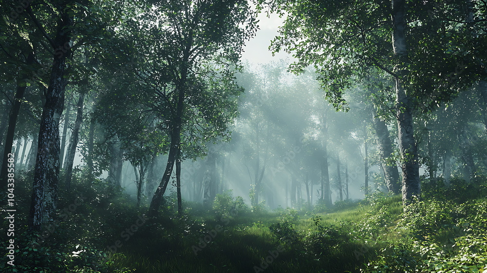 Poster Enchanting lush forest bathed in mist with sunbeams filtering through trees creating a dreamlike atmosphere