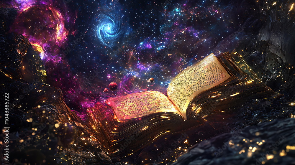 Aufkleber Exploring the infinite an open book in a cosmic space filled with vibrant colors and stars revealing the universe's mysteries