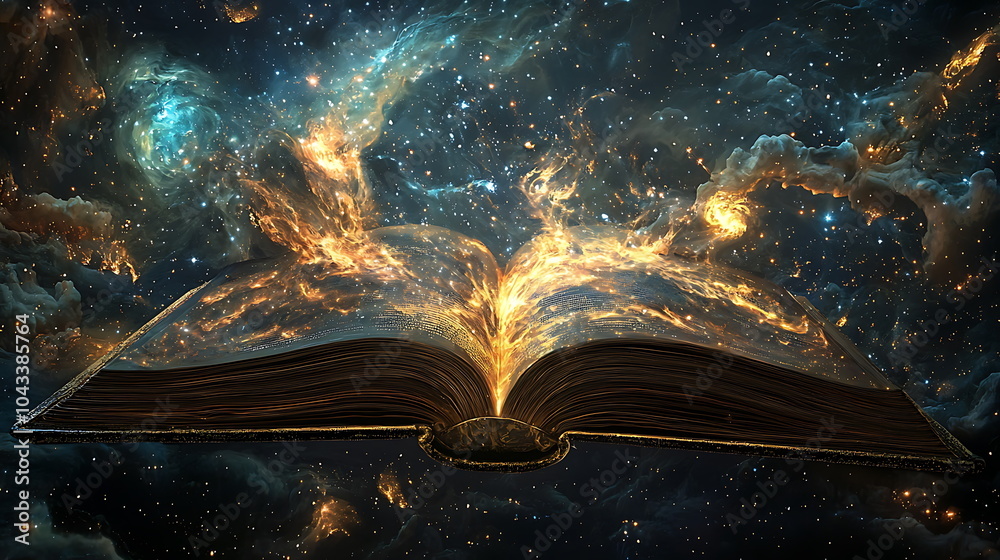 Poster unlocking the universe an open book radiating cosmic energy in the depths of space