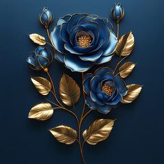3D Vector gold on blue roses line art, elegant style flowers background.