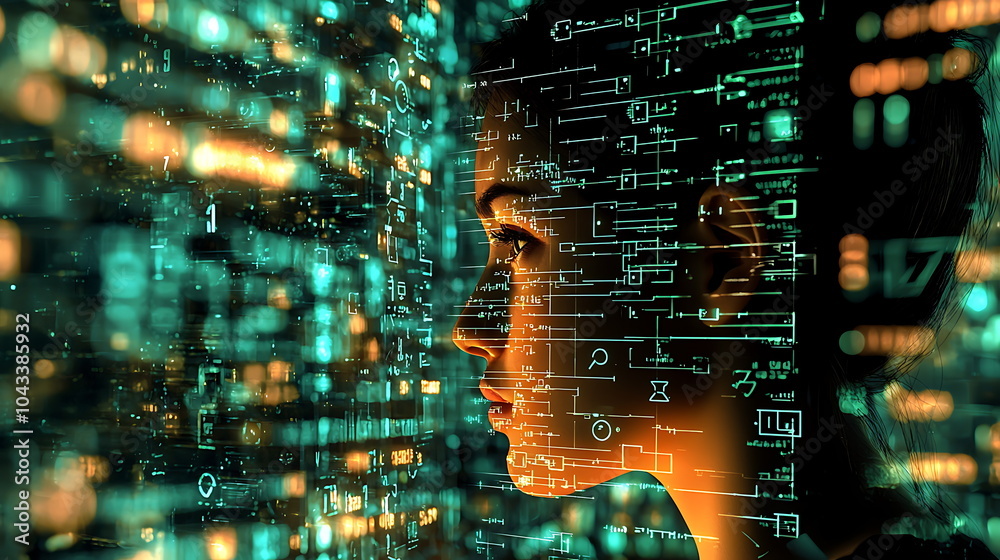 Aufkleber Exploring the intersection of digital data and human identity a profile of a woman enveloped in technological innovation and insights