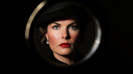 Elegant Woman With Bold Makeup and Vintage Hat Gazes Through a Circular Frame in Dim Light