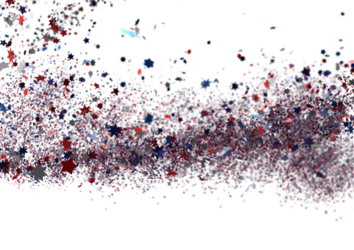 White banner with colorful stars.