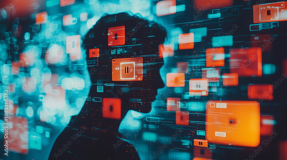 Fototapete exploring the intricate connection between human silhouettes and digital interfaces in modern techno