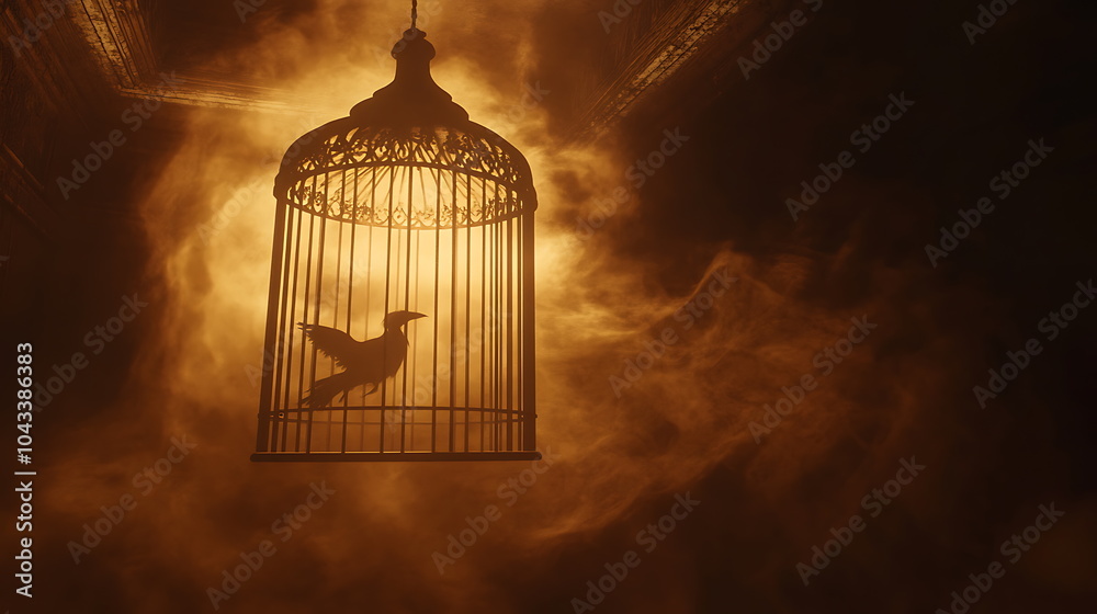 Poster a captivating silhouette of a bird in a cage illuminated by a mysterious misty background evokes emo