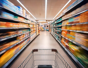 supermarket aisle with shopping cart and shelves full of products in motion blur