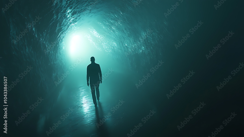 Poster Exploring the enigmatic depths a silhouette's journey through a mysterious dark tunnel illuminated by ethereal light