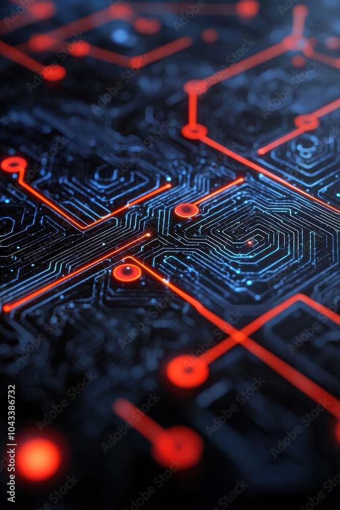 Poster close-up of a futuristic circuit board with glowing red lines and intricate patterns, symbolizing ad