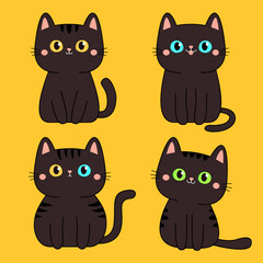 Cute black cat set. Kitten face head with yellow, blue, green eyes. Cartoon pet baby character Black contour icon. Funny kawaii animal. Childish style. Flat design. Yellow background. Vector
