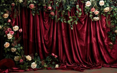 Rich burgundy studio backdrop with a matte finish, rich burgundy velvet curtains with cream-colored roses and greenery intertwined in the curtain folds. Copy space
