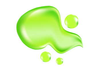 Liquid green aloe vera gel swatch isolated, transparent background. Fluid clear moisturizer, lime green, glowing wet texture organic spilled droplets. Cosmetic essence, beauty treatment element.