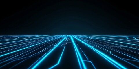 Abstract circuit board with glowing blue lines on a shadowy black background, sleek interconnected pathways creating a polished, modern tech aesthetic with 3D depth.