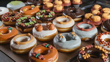 Naklejka premium Thanksgiving-decorated and classic donuts on a wooden table