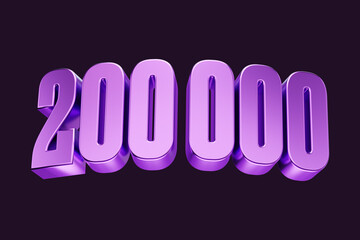 Purple metallic number. 200K Bright purple 3D Render. Isolated on black background.