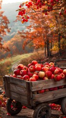 Rustic wooden cart overflowing with freshly harvested apples, set against a backdrop of rolling hills and autumn foliage, evoking a cozy fall atmosphere