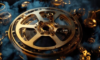 Obraz premium 3D illustration of a golden film reel with cinema elements on a dark background,