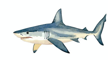 Obraz premium Watercolor shark on a white background. Scary jaws and angry sharks swimming in the ocean. Inhabitant in the waters of the oceans. Vector illustration