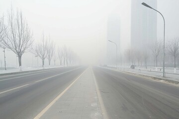 Fototapeta premium A busy city covered in smog, skyscrapers barely visible, depicting the urgent need for air pollution control