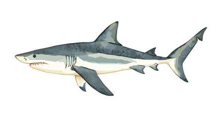 Watercolor shark on a white background. Scary jaws and angry sharks swimming in the ocean. Inhabitant in the waters of the oceans. Vector illustration