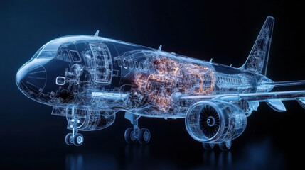X ray of airplane revealing intricate engineering details and components
