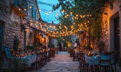 Fototapeta premium Stone buildings, string lights, and a dinner party.