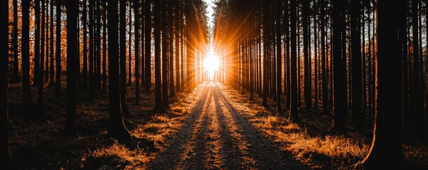 A forest trail covered in autumn leaves, with sunlight filtering through the trees, inviting exploration and connection with nature
