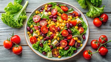 A Vibrant Medley of Fresh Salad Greens, Tomatoes, Kidney Beans, and Corn Kernels, Presented in a White Bowl on a Rustic Wooden Surface