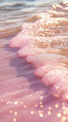 Fototapeta premium Crystal-clear, pink water, with pink-gold glitter floating on the surface of sparkling waves. Sparkling, golden light reflections, light tones, and crystal clarity, captured through macro photography