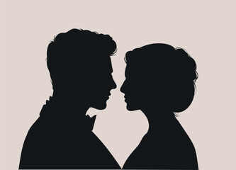 Beautiful wedding couple silhouette portrait, love, black outline, vector illustration, bride and groom