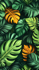 Naklejka premium Tropical Leaf Seamless Pattern. Line Art Style. with green background