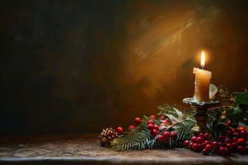 Warm glow from a solitary candle casts soft light on a richly decorated holiday table background with empty space for text