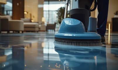 Fototapeta premium Floor scrubber cleaning a shiny floor.