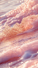 Fototapeta premium Crystal-clear, pink water, with pink-gold glitter floating on the surface of sparkling waves. Sparkling, golden light reflections, light tones, and crystal clarity, captured through macro photography