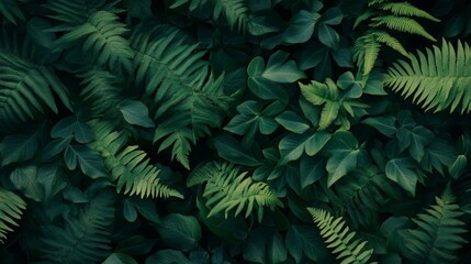 Overlapping fern leaves filling the entire frame, dark green tones with soft, diffused light, creating a mysterious forest atmosphere