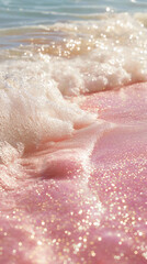 Fototapeta premium Crystal-clear, pink water, with pink-gold glitter floating on the surface of sparkling waves. Sparkling, golden light reflections, light tones, and crystal clarity, captured through macro photography