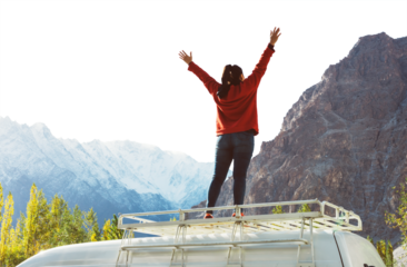 PNG Woman standing on a van facing the beautiful mountain collage element, transparent background