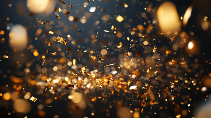 Obraz premium Luxurious Gold Confetti Falling Gracefully on a Matte Black Backdrop for Celebrations and Events