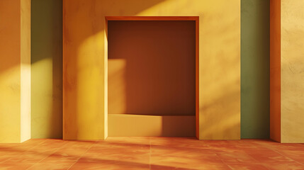 Fototapeta premium Modern terracotta, mustard yellow and olive green minimalistic interior background wall mockup 3d render